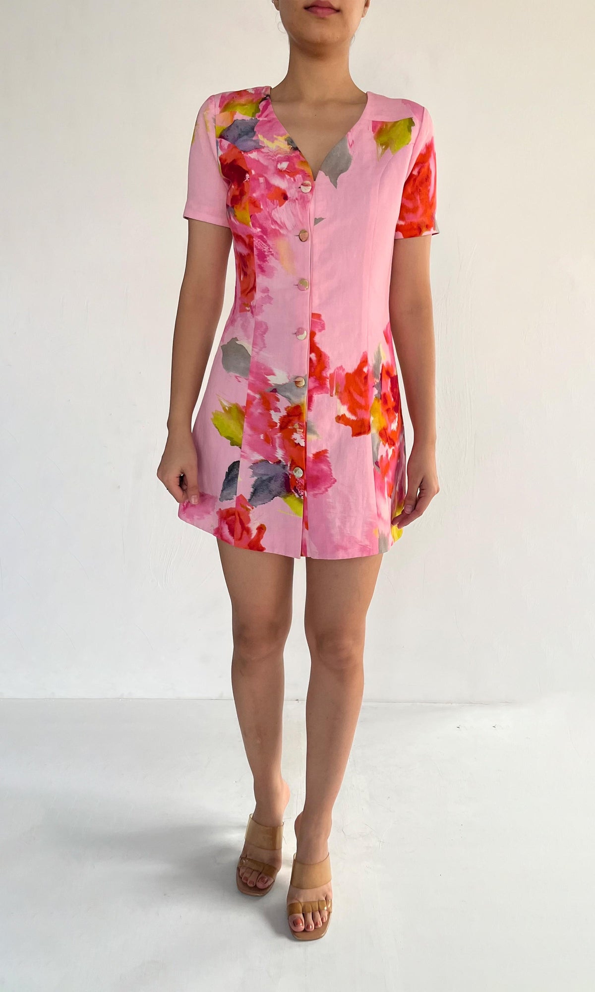 Womens | Rosa Cotton Linen Short Dress | Pink Multi