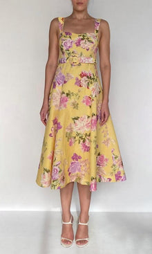 Womens | Ruba Linen Cotton Midi Dress With Tie Up Belt | Yellow