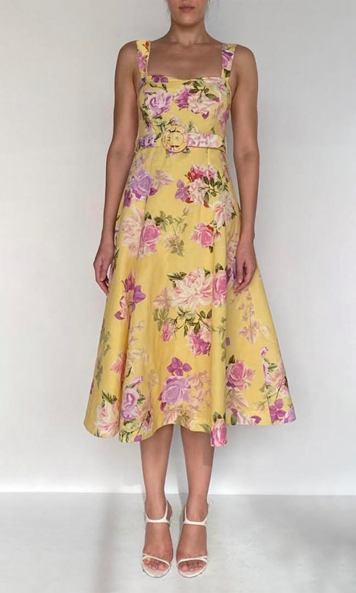 Womens | Ruba Linen Cotton Midi Dress With Tie Up Belt | Yellow
