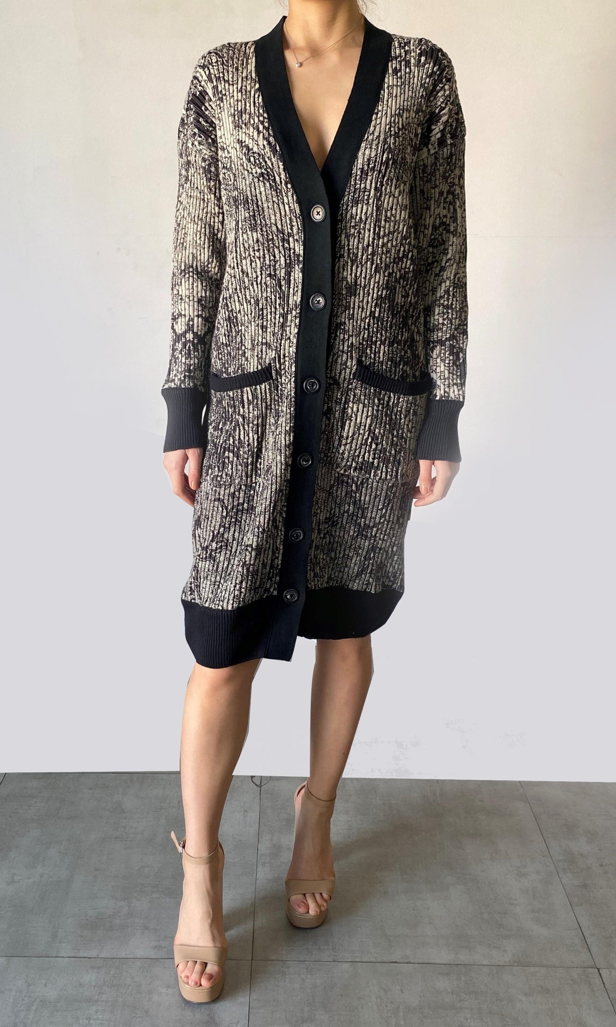 Womens | Ruha Polyester Woolen Knit Long Cardigan | Black/White