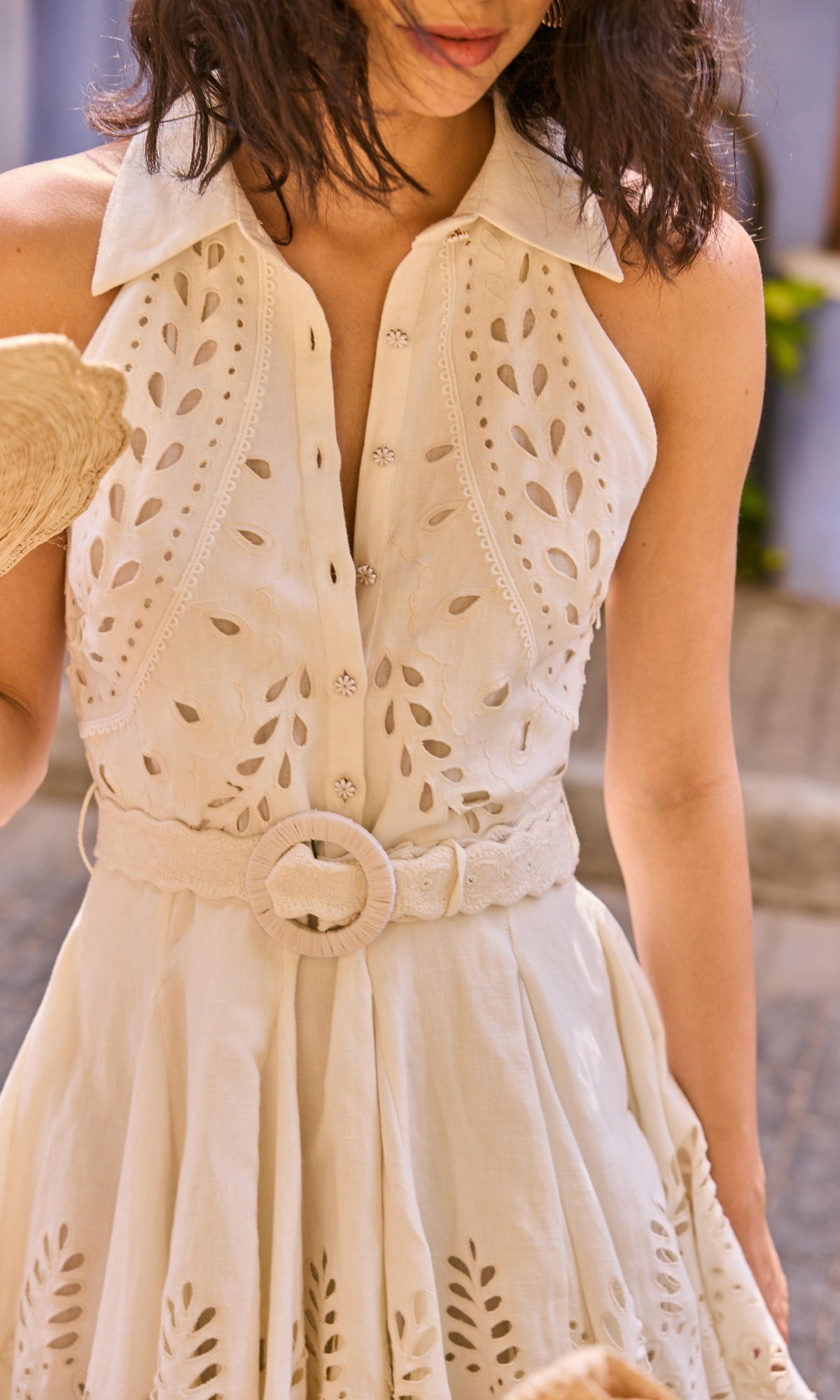 Womens | Runa Linen Cotton Short Dress With Buckle Belt | Off White