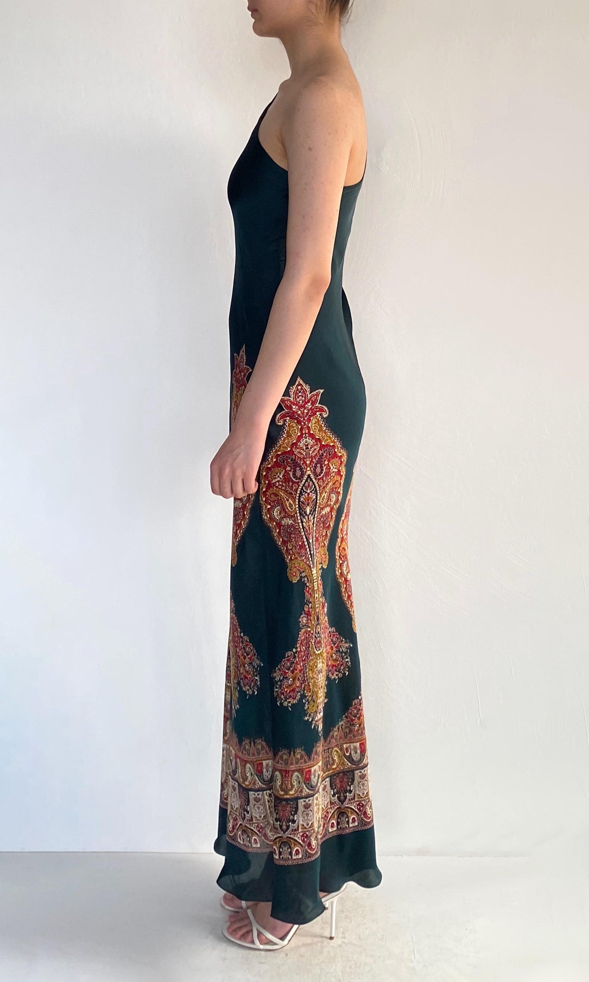 Womens | Ruza Polyester Satin One Shoulder Bias Maxi Dress | Green Multi