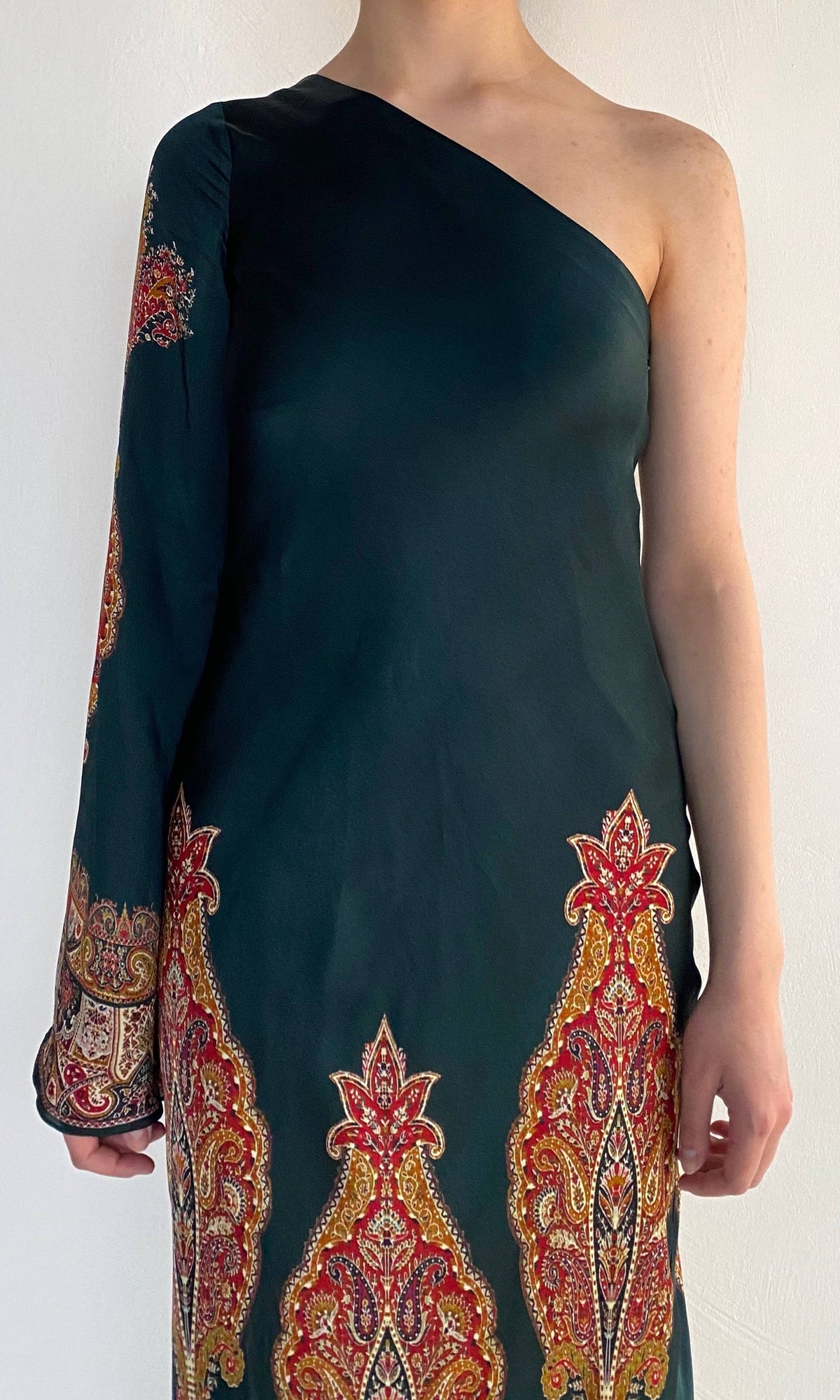 Womens | Ruza Polyester Satin One Shoulder Bias Maxi Dress | Green Multi