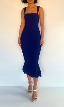Womens | Ryka Viscose Georgette Jacquard Smocked Midi Dress | Midnight Blue