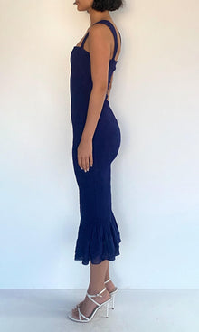 Womens | Ryka Viscose Georgette Jacquard Smocked Midi Dress | Midnight Blue