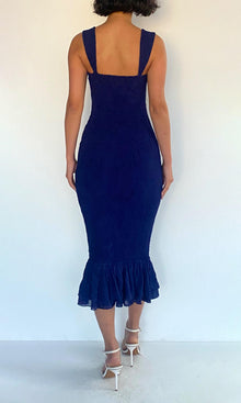 Womens | Ryka Viscose Georgette Jacquard Smocked Midi Dress | Midnight Blue