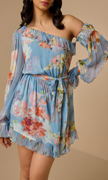 Womens | Saba Viscose Crinkle Chiffon Romper With Tie Up Belt | Blue Floral