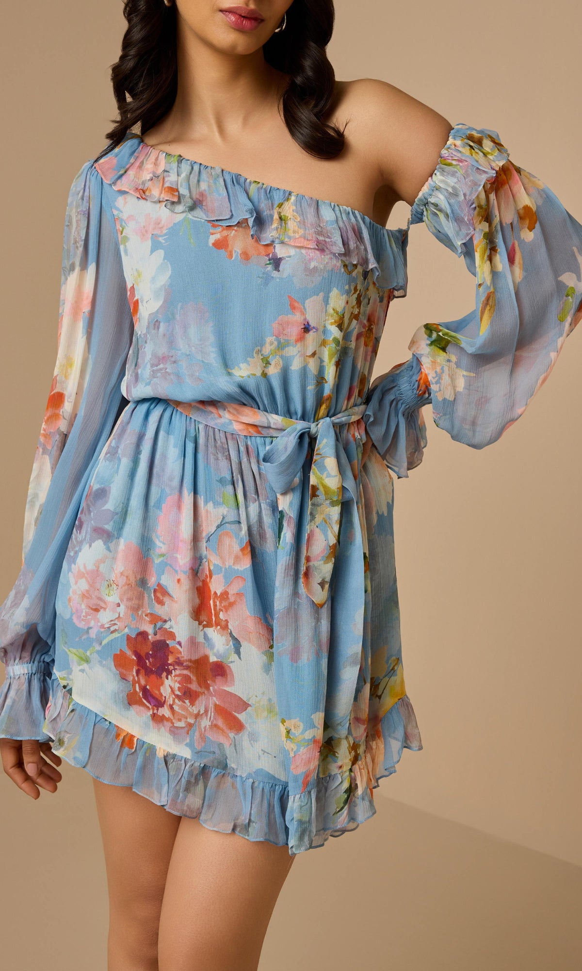Womens | Saba Viscose Crinkle Chiffon Romper With Tie Up Belt | Blue Floral