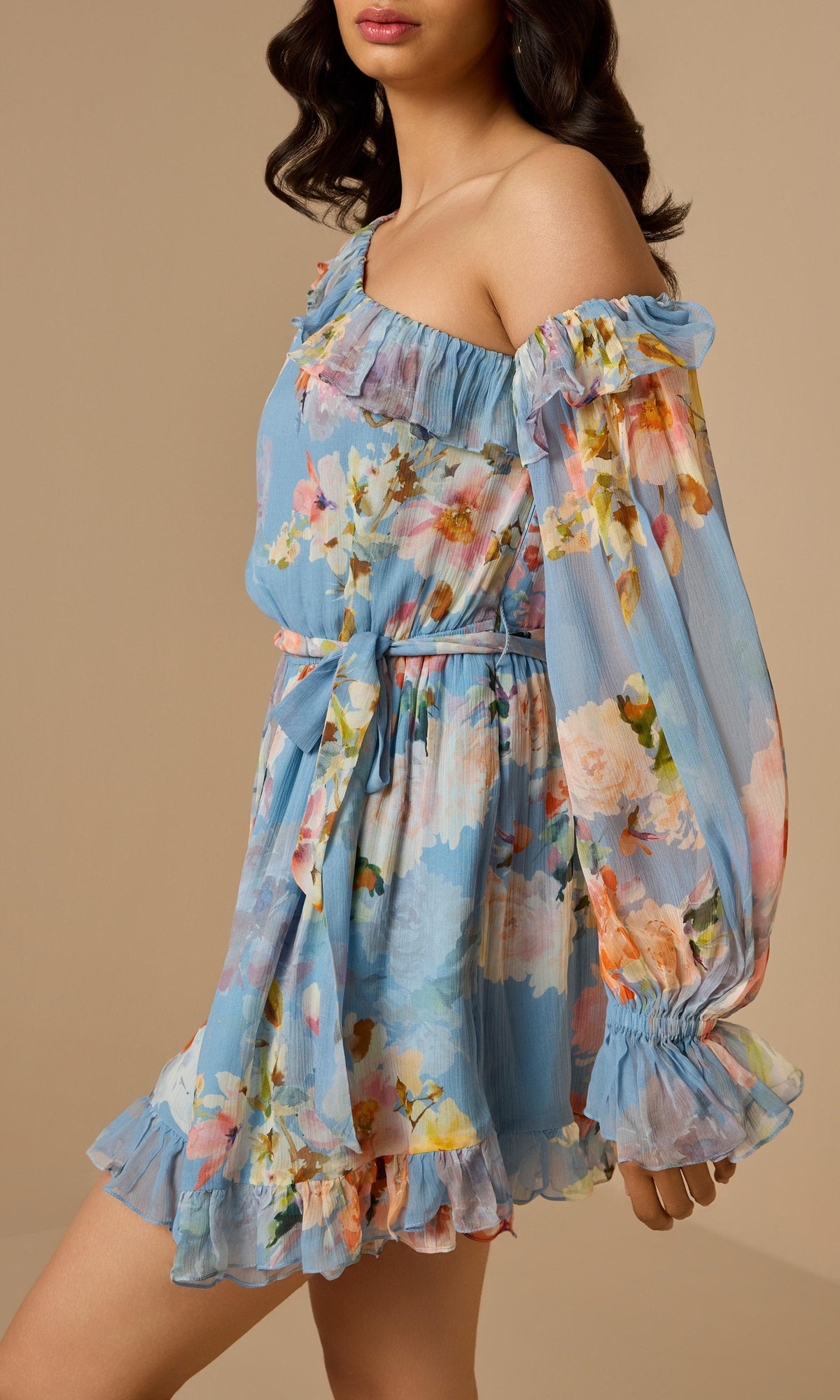 Womens | Saba Viscose Crinkle Chiffon Romper With Tie Up Belt | Blue Floral