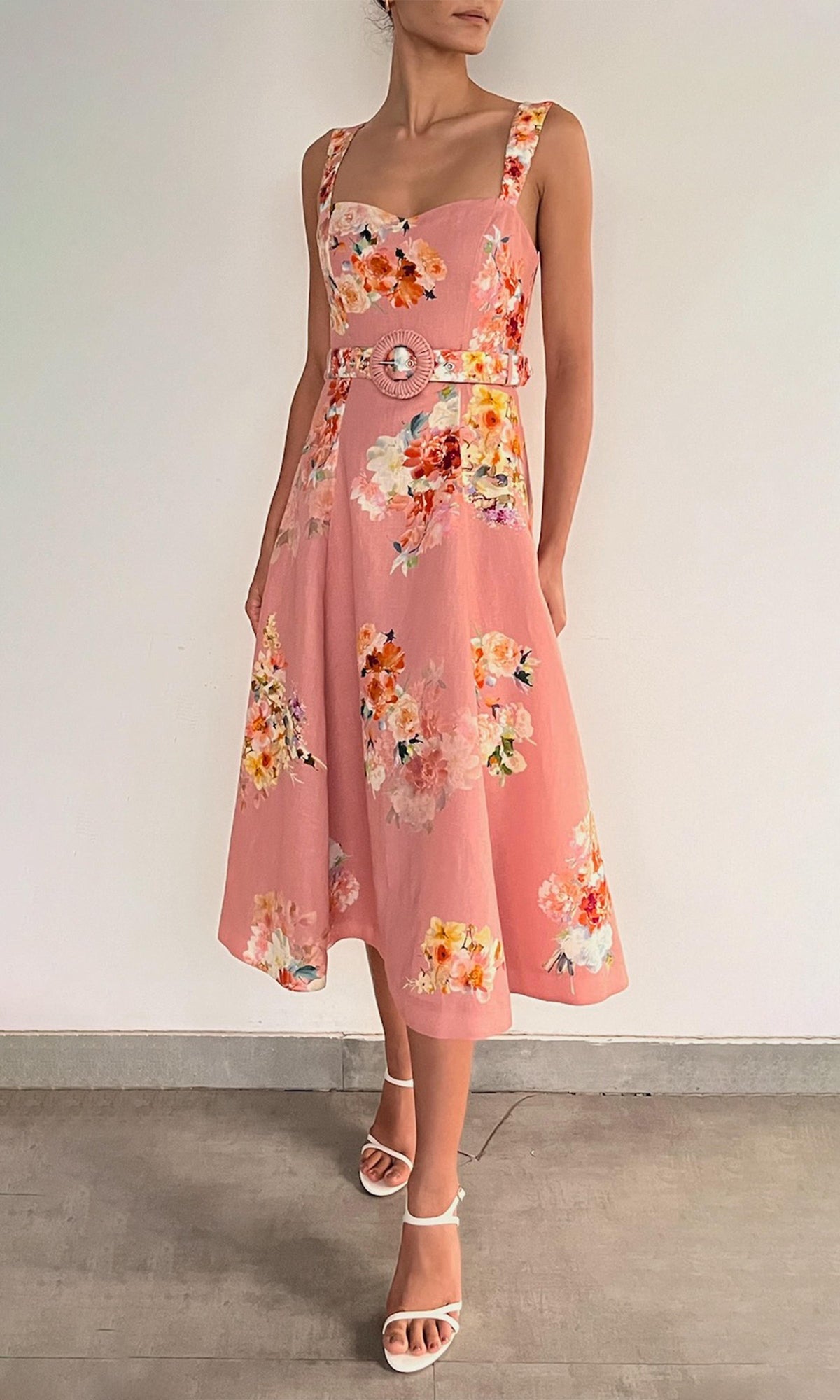Womens | Saba Linen Cotton Midi Dress With Buckle Belt | Peach Floral