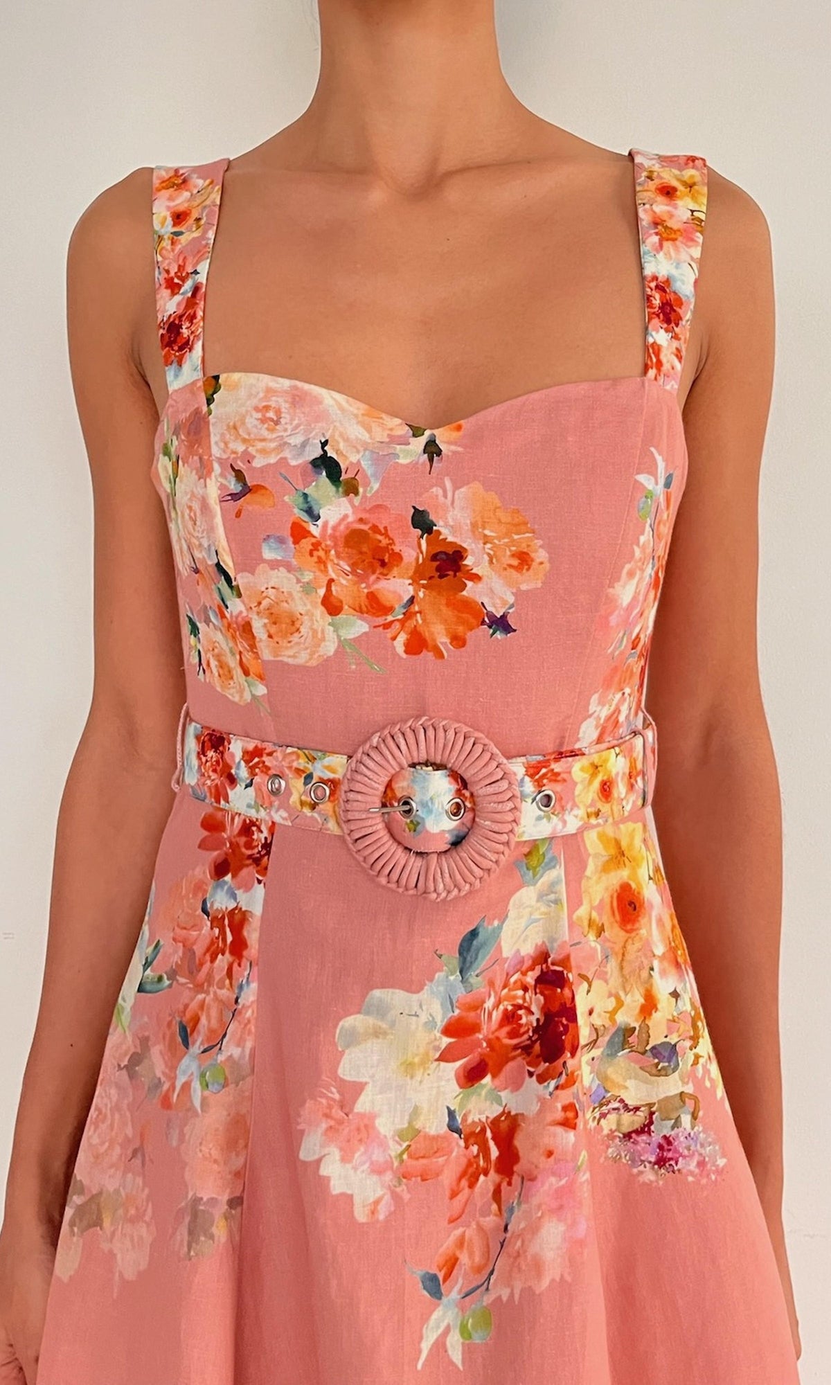 Womens | Saba Linen Cotton Midi Dress With Buckle Belt | Peach Floral