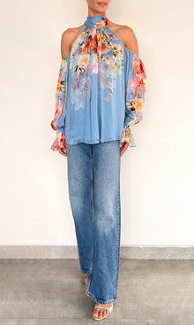 Womens | Saba Viscose Crinkle Chiffon Neck Tie Detail Top | Blue Floral