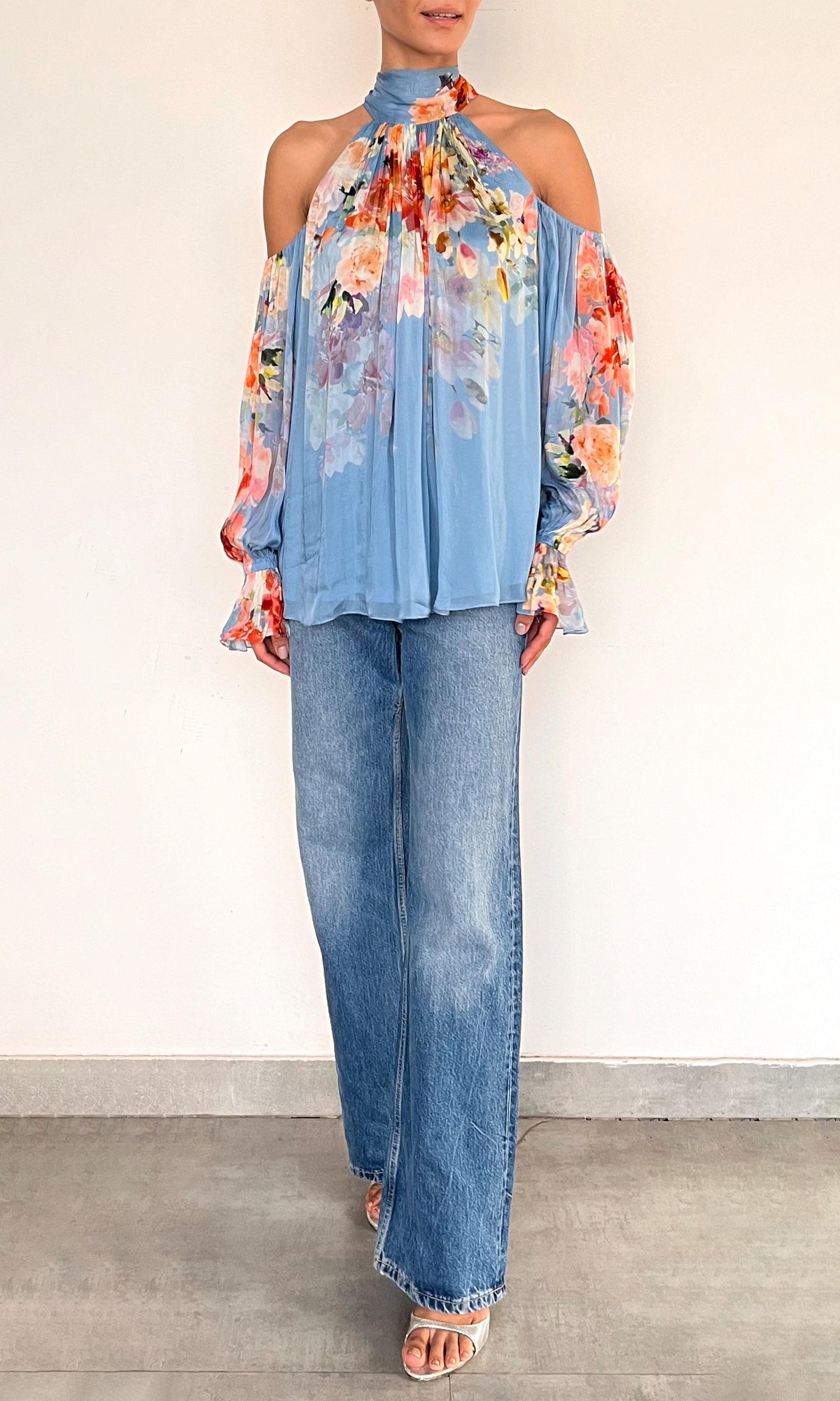 Womens | Saba Viscose Crinkle Chiffon Neck Tie Detail Top | Blue Floral