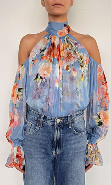 Womens | Saba Viscose Crinkle Chiffon Neck Tie Detail Top | Blue Floral
