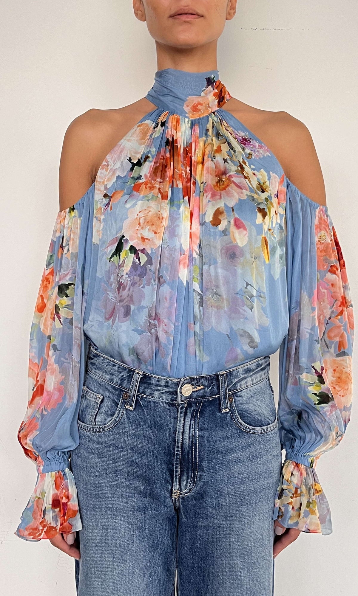 Womens | Saba Viscose Crinkle Chiffon Neck Tie Detail Top | Blue Floral
