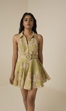 Womens | Sakhi Linen Cotton Short Dress With Buckle Belt | Olive