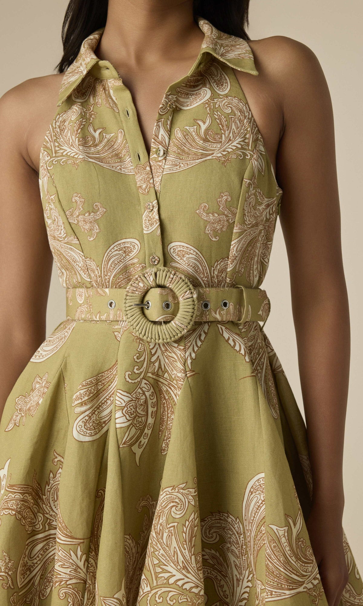 Womens | Sakhi Linen Cotton Short Dress With Buckle Belt | Olive