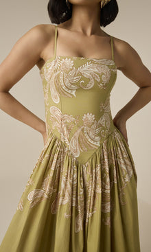 Womens | Sakhi Cotton Poplin Lycra Corset Maxi Dress | Olive