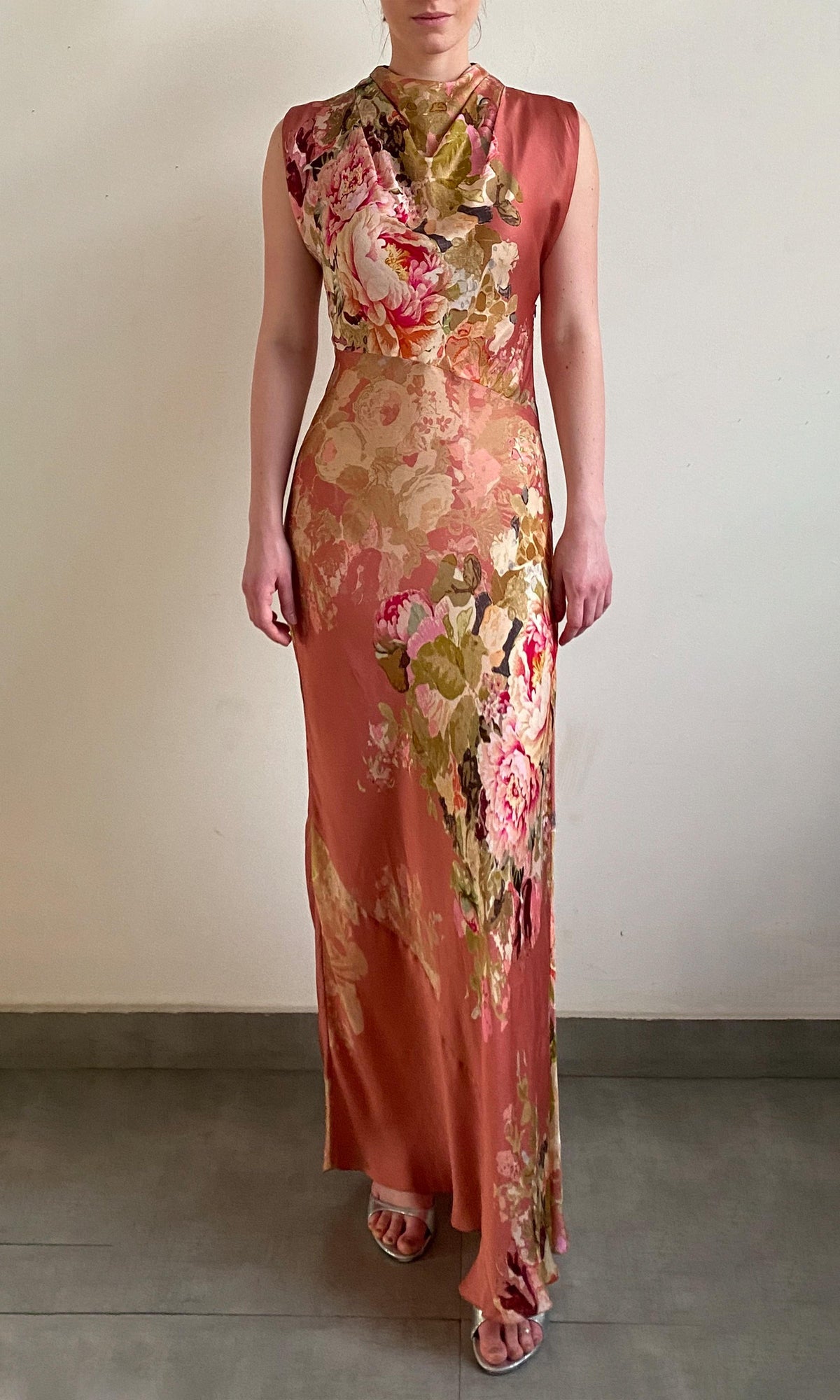 Womens | Sama Viscose Satin Long Dress With Cowl Neck | Peach Floral