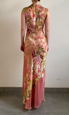 Womens | Sama Viscose Satin Long Dress With Cowl Neck | Peach Floral