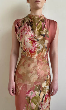 Womens | Sama Viscose Satin Long Dress With Cowl Neck | Peach Floral