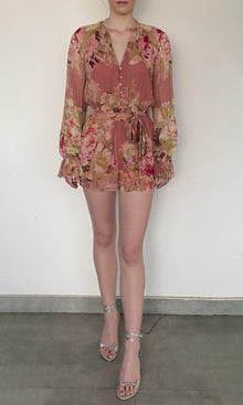 Womens | Sama Viscose Crinkle Chiffon Romper With Tie Up Belt | Peach Floral
