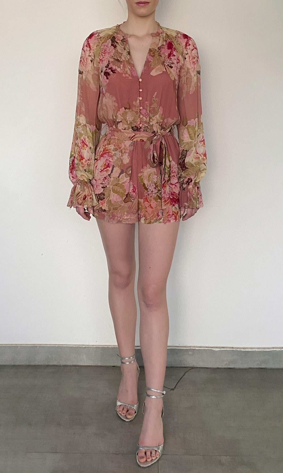 Womens | Sama Viscose Crinkle Chiffon Romper With Tie Up Belt | Peach Floral