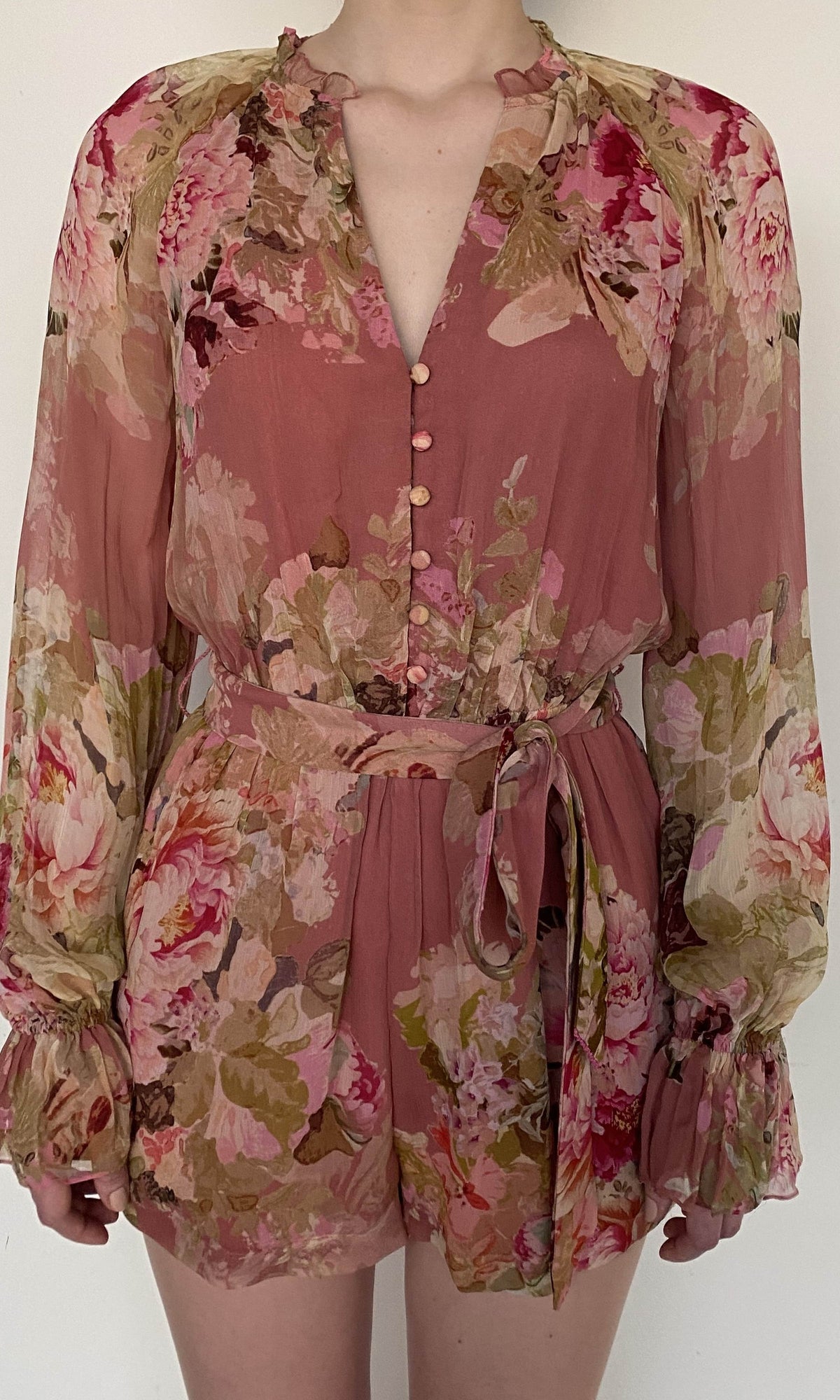 Womens | Sama Viscose Crinkle Chiffon Romper With Tie Up Belt | Peach Floral