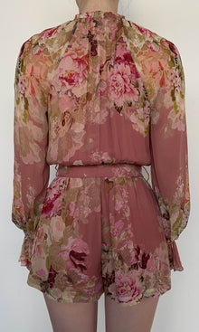 Womens | Sama Viscose Crinkle Chiffon Romper With Tie Up Belt | Peach Floral