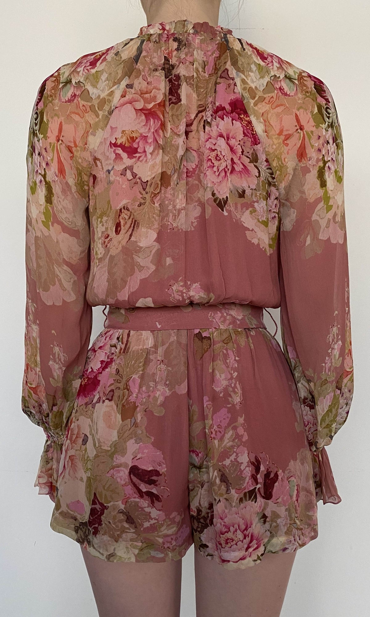 Womens | Sama Viscose Crinkle Chiffon Romper With Tie Up Belt | Peach Floral