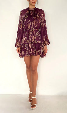 Womens | Savi Viscose Flat Chiffon Ruffle Mini Dress With Tie Up Belt | Burgundy Floral