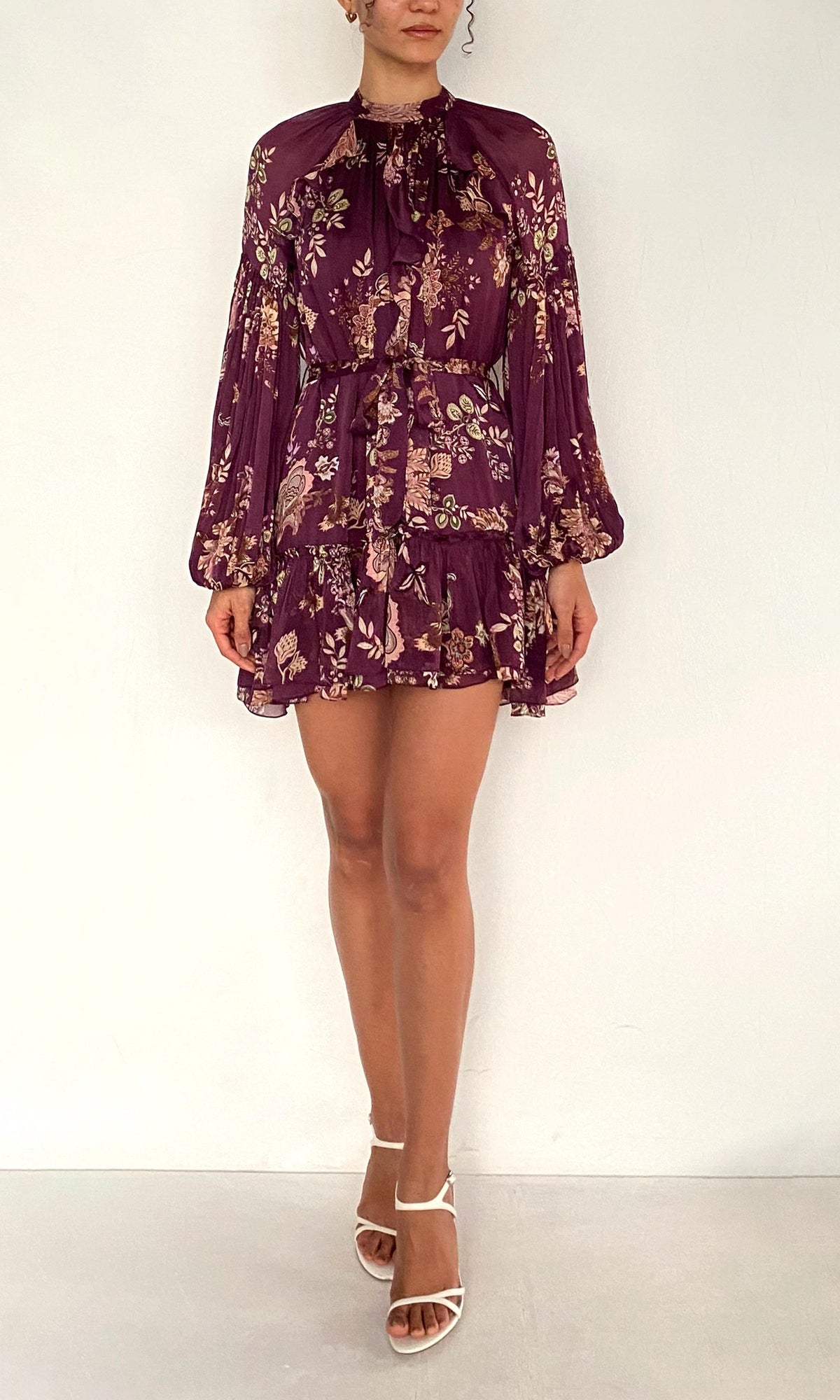 Womens | Savi Viscose Flat Chiffon Ruffle Mini Dress With Tie Up Belt | Burgundy Floral