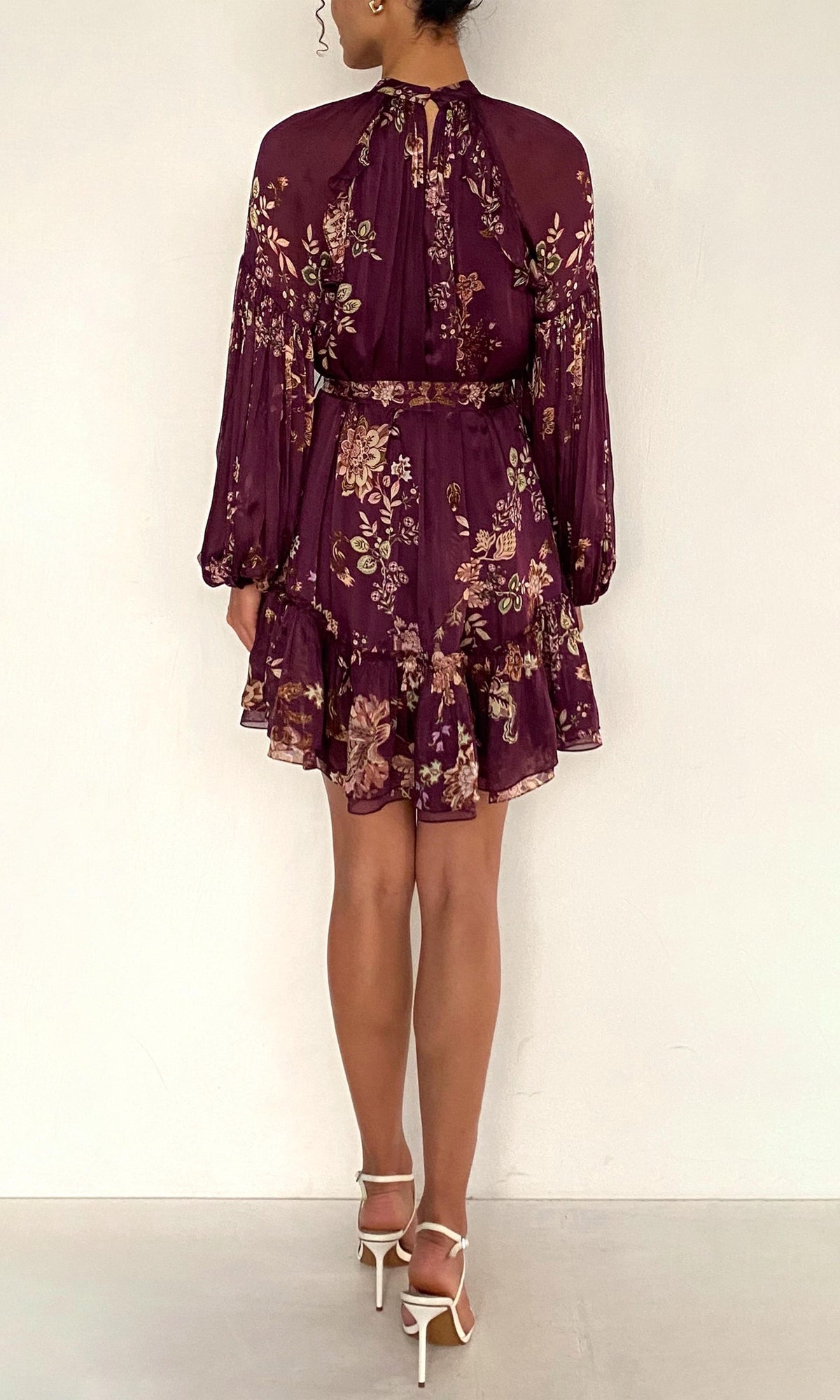 Womens | Savi Viscose Flat Chiffon Ruffle Mini Dress With Tie Up Belt | Burgundy Floral