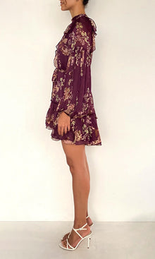 Womens | Savi Viscose Flat Chiffon Ruffle Mini Dress With Tie Up Belt | Burgundy Floral