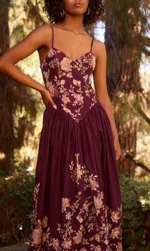 Womens | Savi Cotton Poplin Lycra Maxi Dress | Burgundy Floral