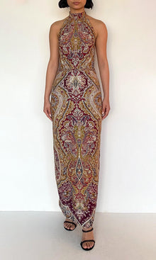 Womens | Shifa Viscose Heavy Crepe Halter Ankle Length Dress | Burgundy