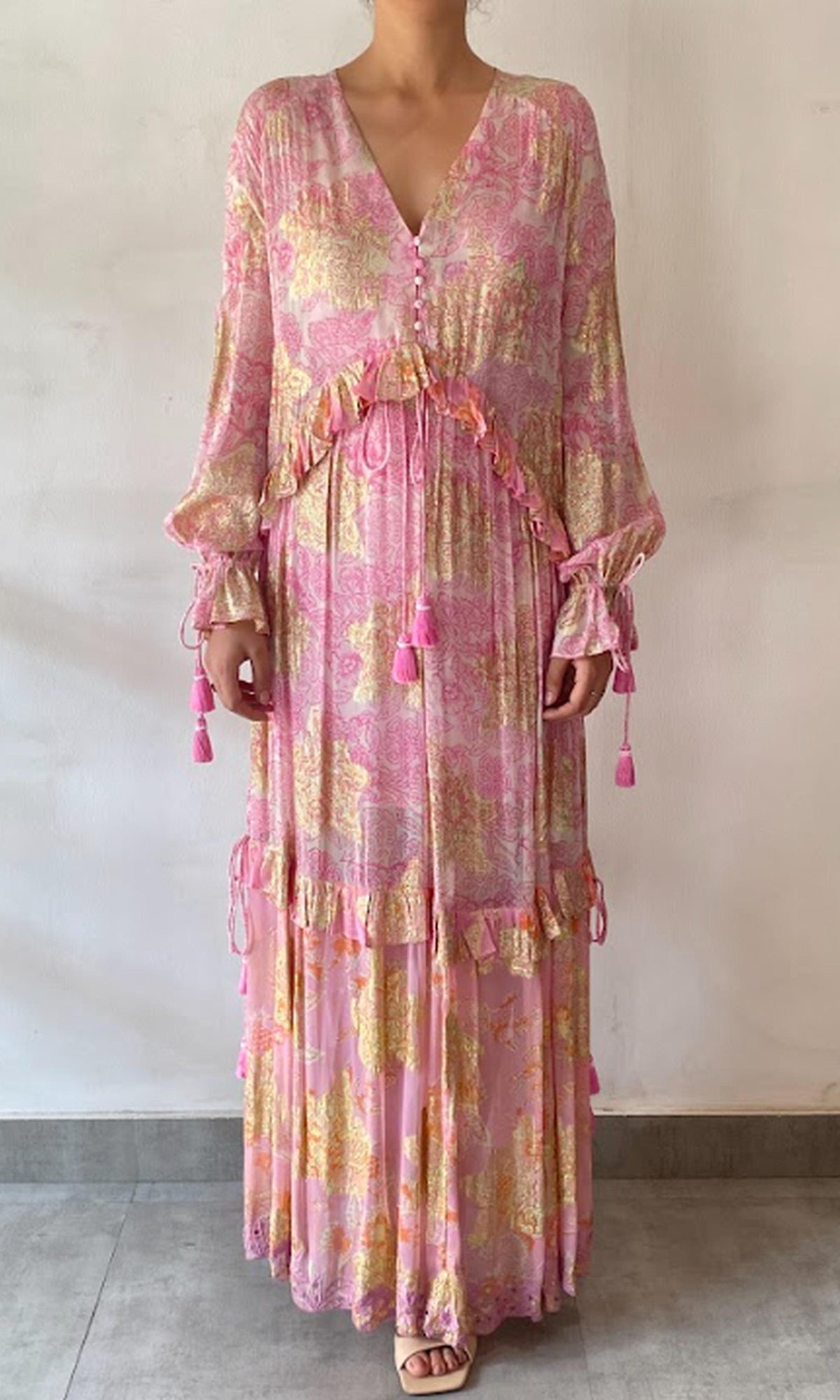 Womens | Sidra Viscose Georgette Floral Lurex Kaftan | Pink Multi