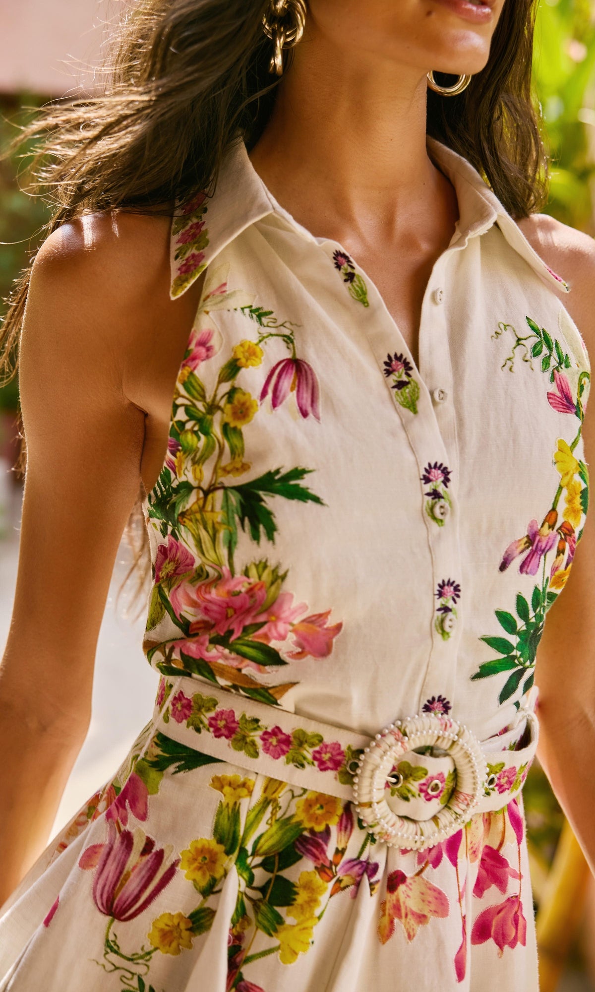 Womens | Taha Linen Cotton Short Dress With Highlight Emb And Buckle Belt | White Floral