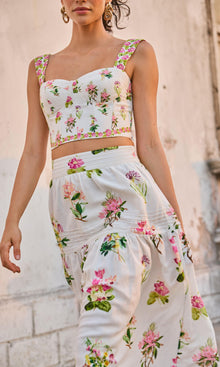 Womens | Taha Linen Cotton Midi Skirt | White Floral