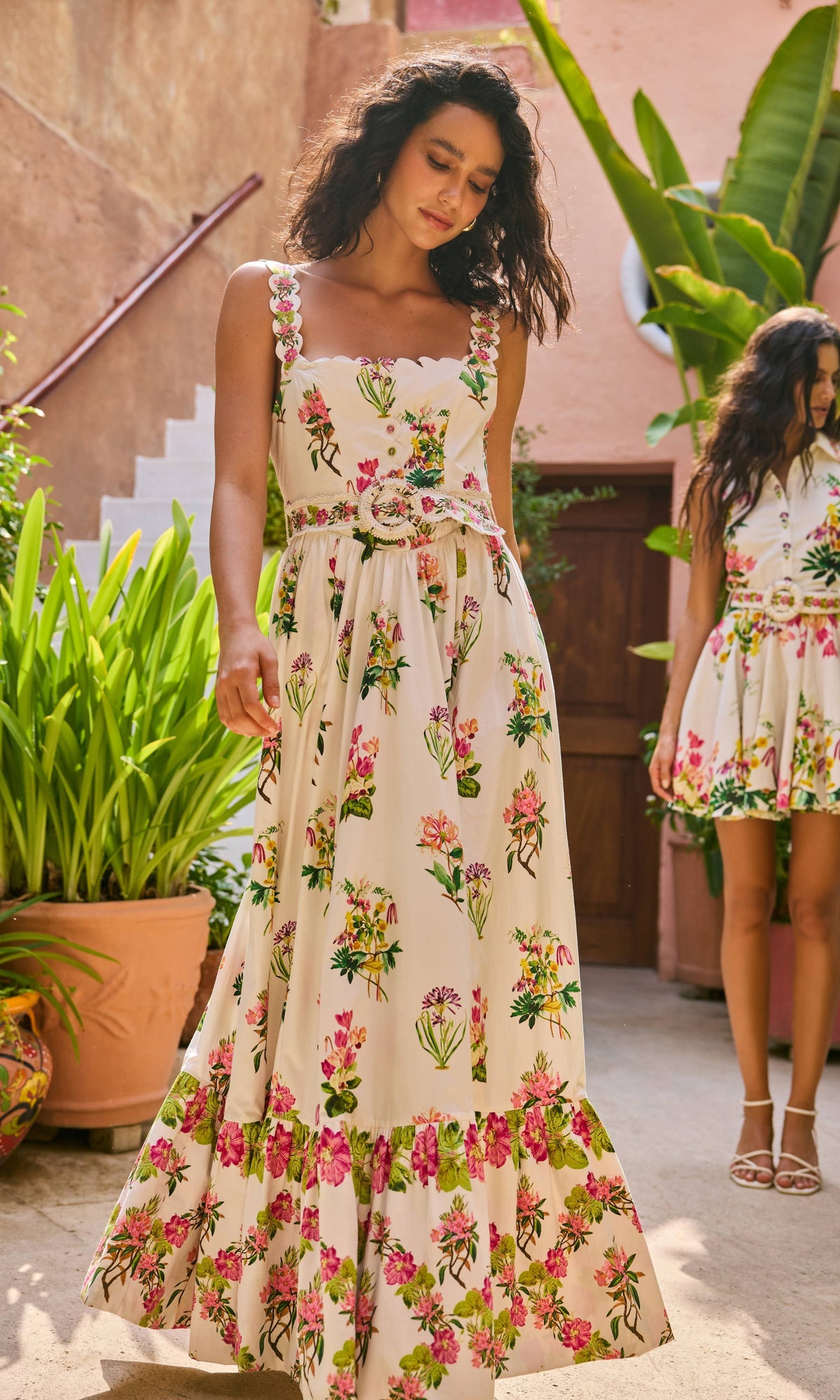 Womens | Taha Cotton Poplin Long Dress With Buckle Belt | White Floral