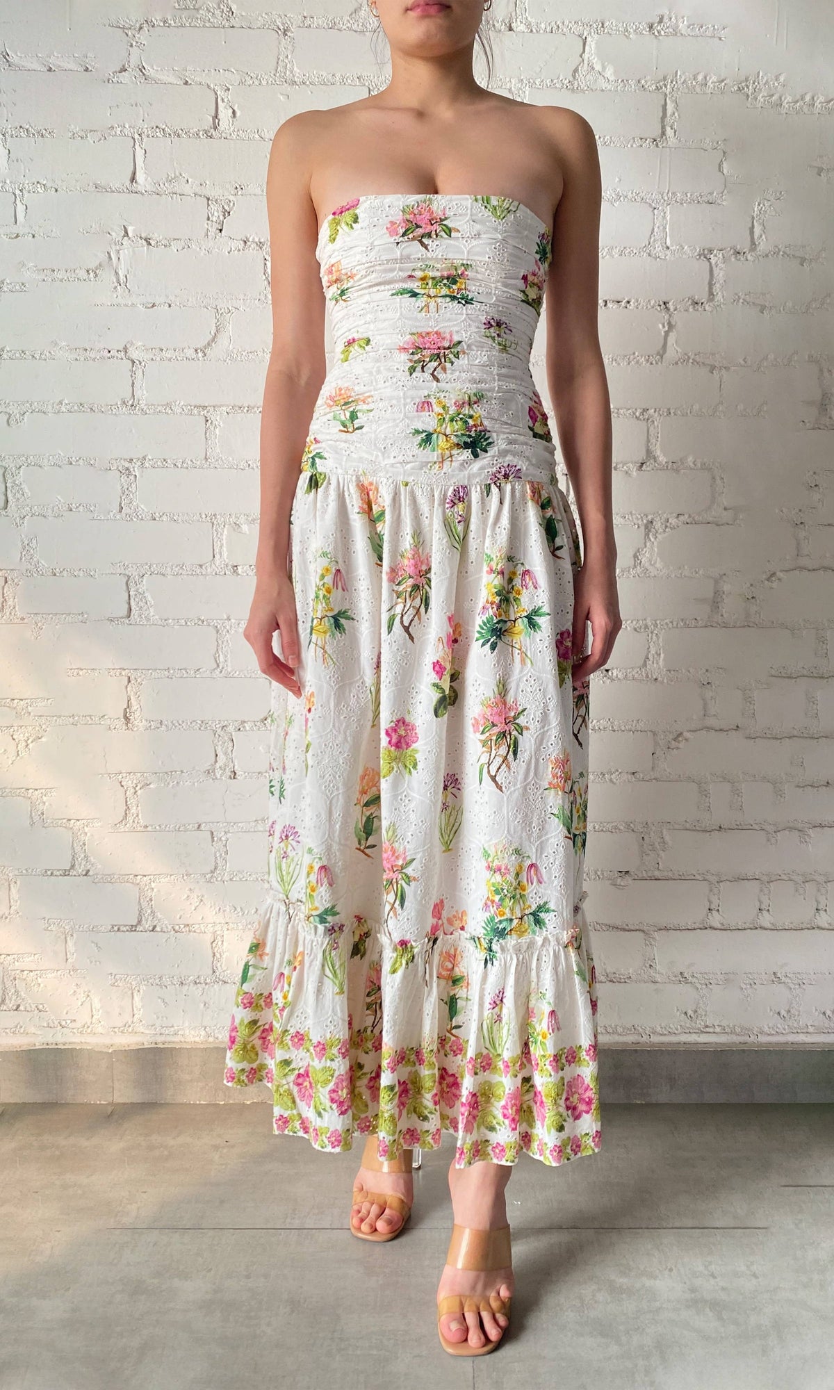 Womens | Taha Cotton Schiffli Strapless Maxi Dress | White Floral