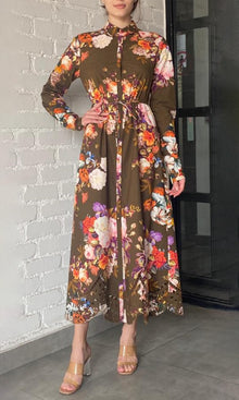 Womens | Tani Poplin Long Shirt Dress | Olive Green Floral