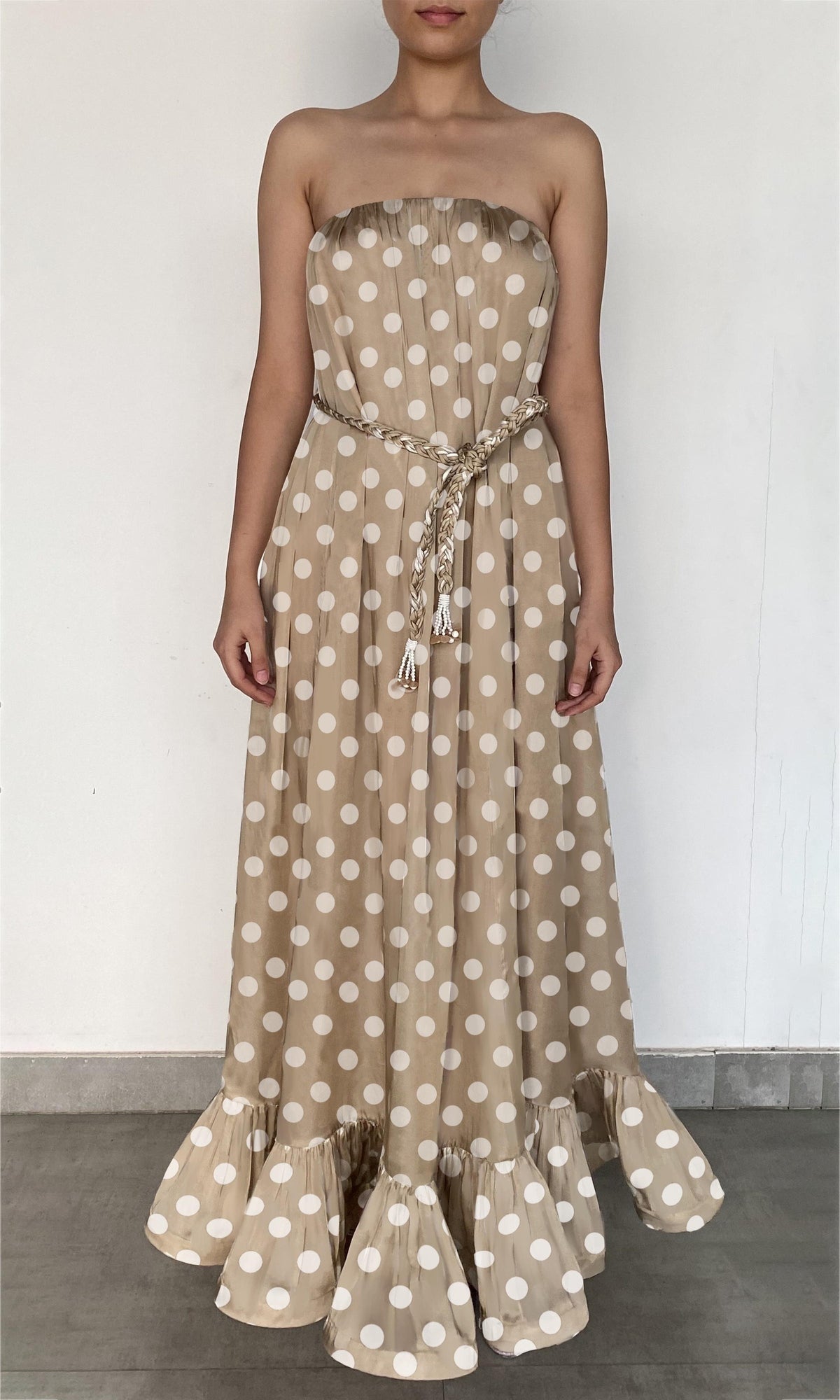 Womens | Tira Viscose Satin Long Dress With Braided Belt | Brown White