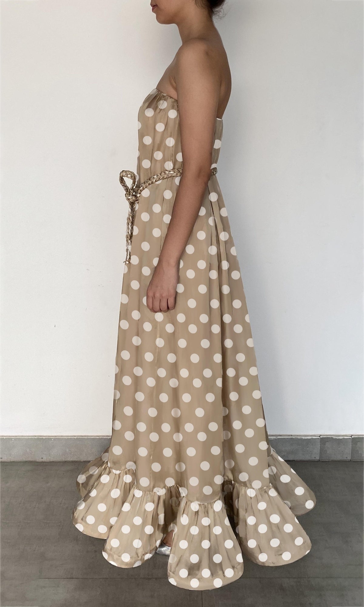 Womens | Tira Viscose Satin Long Dress With Braided Belt | Brown White