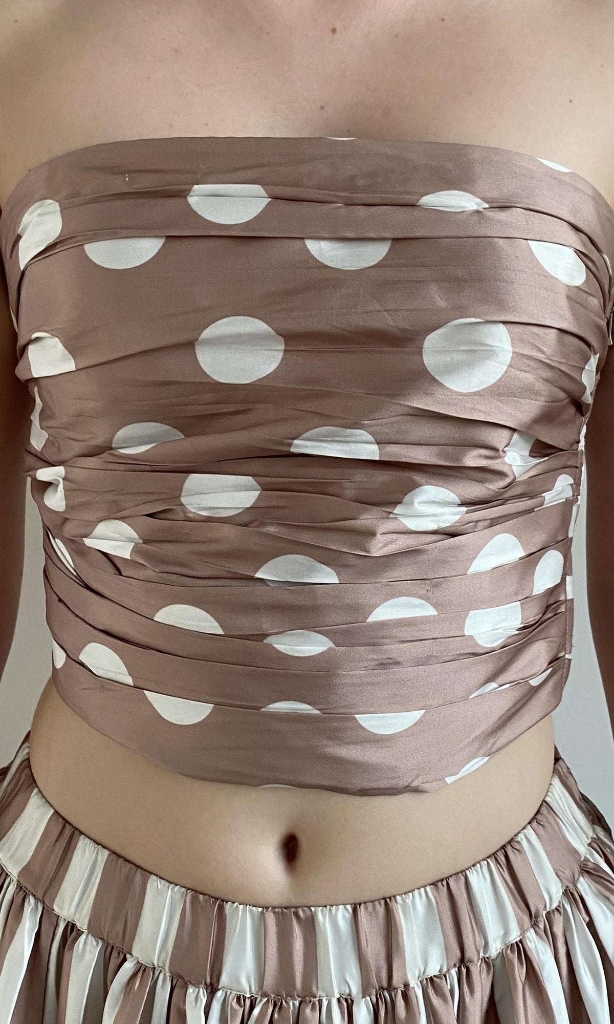 Womens | Tira Polyester Taffeta Off Shoulder Ruched Top | Brown White