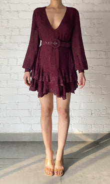 Womens | Tiya Viscose Ggt Jacquard Short Dress With Belt | Burgundy