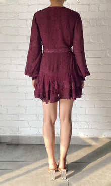 Womens | Tiya Viscose Ggt Jacquard Short Dress With Belt | Burgundy