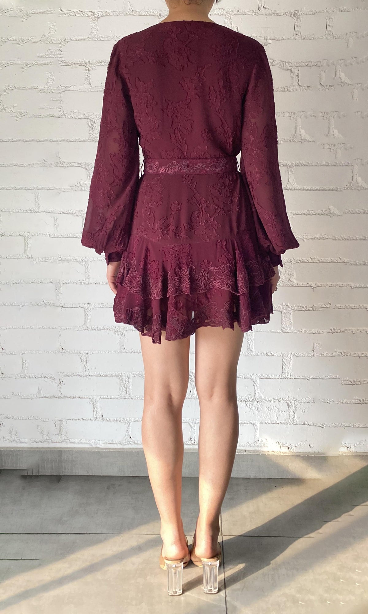 Womens | Tiya Viscose Ggt Jacquard Short Dress With Belt | Burgundy