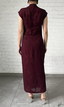 Womens | Tiya Viscose Ggt Jacquard Slim Fit Long Dress With Slip | Burgundy