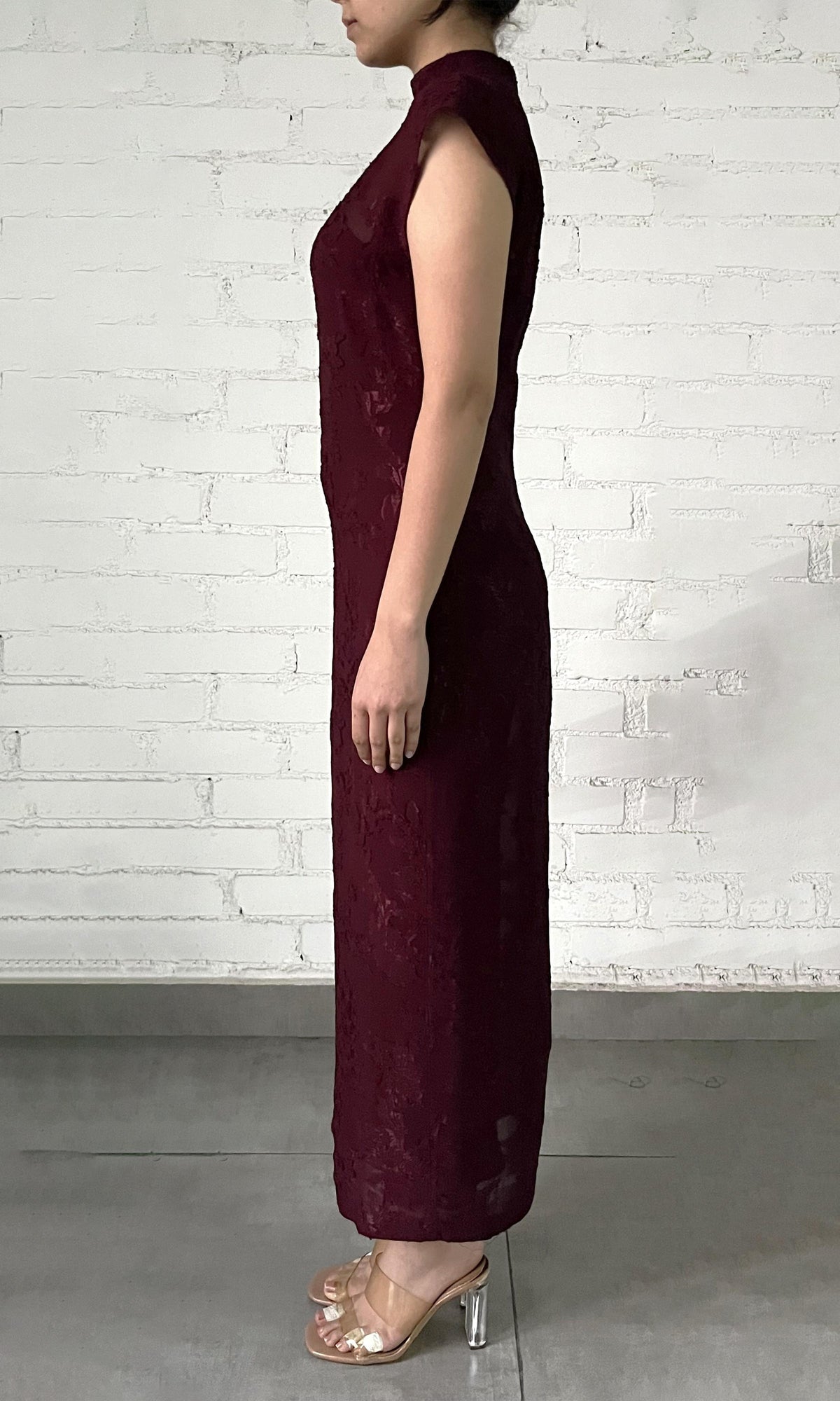 Womens | Tiya Viscose Ggt Jacquard Slim Fit Long Dress With Slip | Burgundy